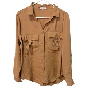 No Comment Women's Small Button Down Blouse Long Sleeve Brown Pockets Business